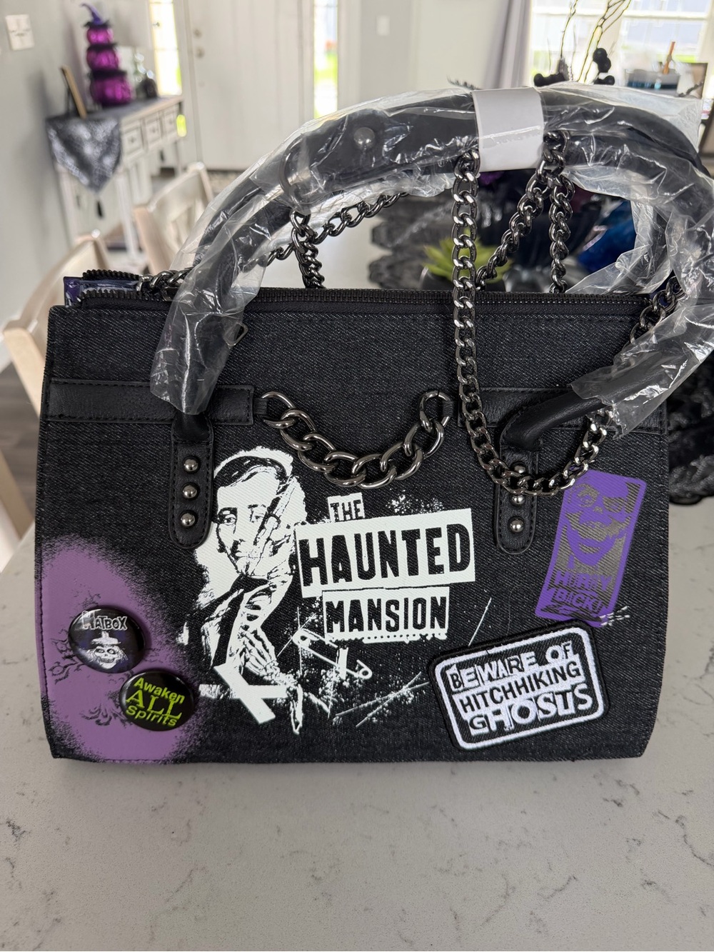 Loungefly Black Haunted Mansion Graphic Tote with Purple Accents